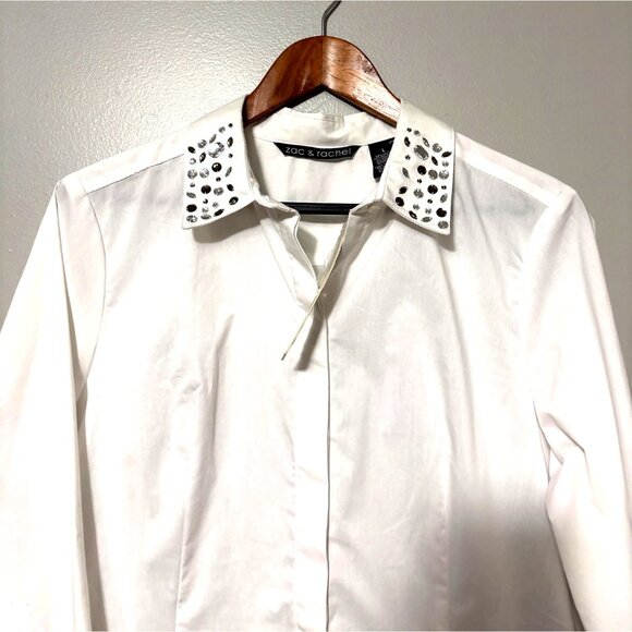 NWT Zac & Rachel White Button-Up Shirt With Rhinestone Embellished Collar L - Picture 2 of 7